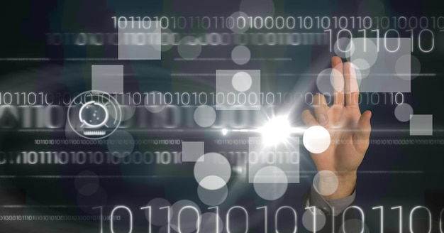 Composition of data processing and digital icons over caucasian hand