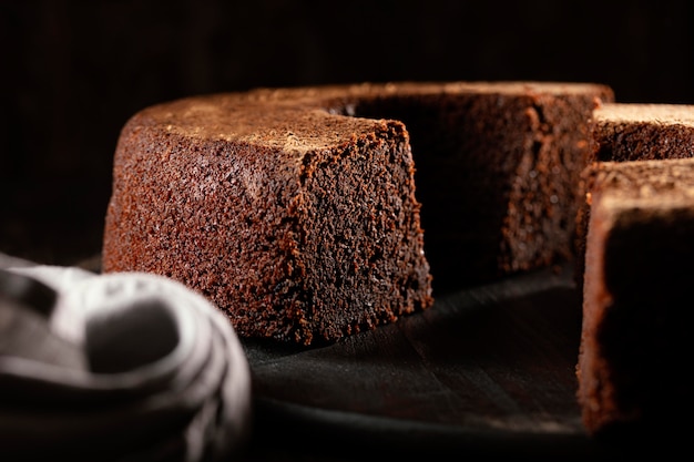 Photo composition of delicious chocolate cake