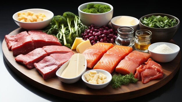 composition of delicious food and ingredients on table