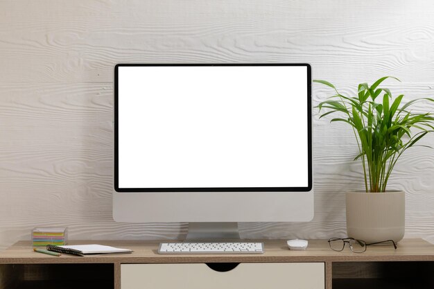 composition of desktop computer with copy space on white background