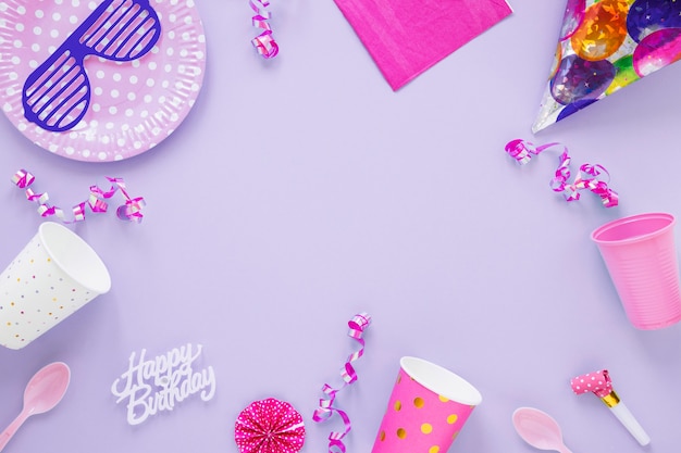 Composition of different birthday on purple background