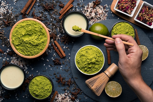 Photo composition of different types of green tea granulation