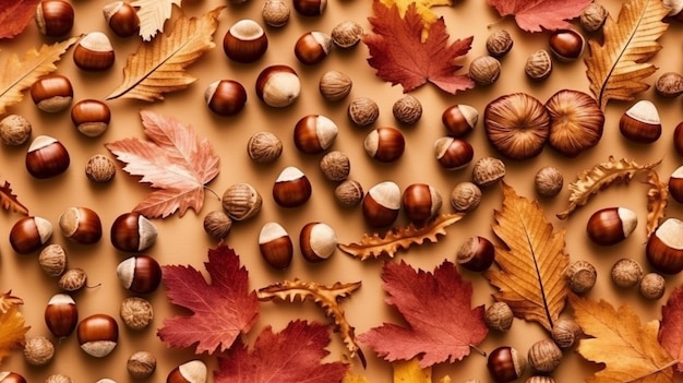 Composition of dried leaves chestnuts and acorns representing autumn and fall top perspective copy space and a flat lay