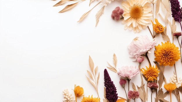 Composition of dry flowers on white background