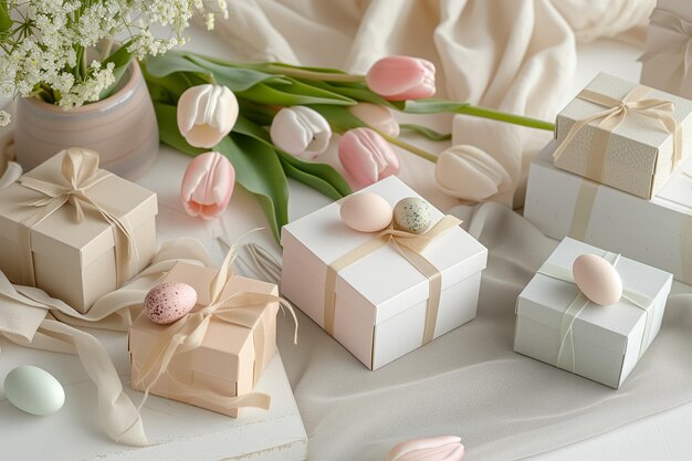 composition Easter eggs painted pastel colors gift boxes and bouquets of pink and white tulips