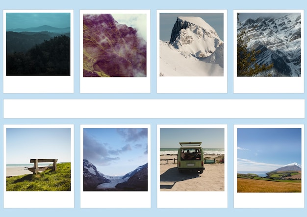 Composition of eight photographs of nature with copy space on blue background