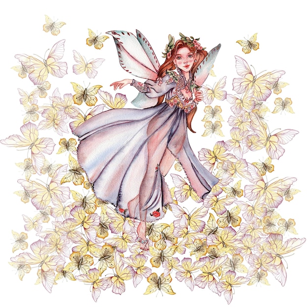 composition of fairy with butterflies hand drawn classic ballet performance pose