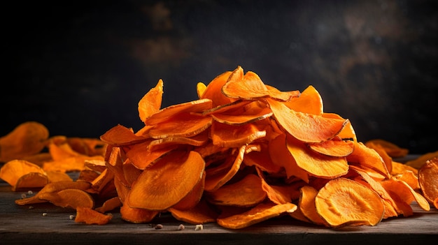 A composition featuring sweet potato chips highlighting their distinct color and sweet flavor