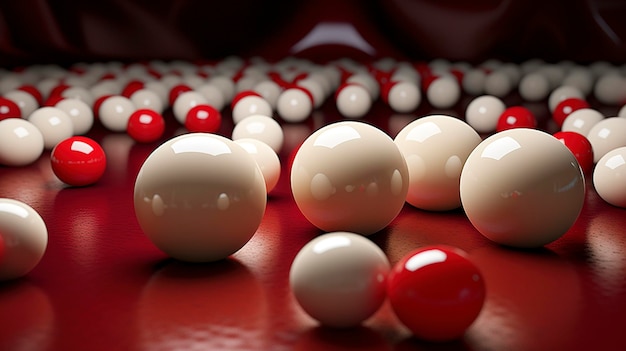 白い手球と赤いボールがテーブルに散らばる構図