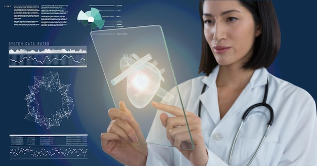 Photo composition of female doctor holding interactive screen with medical data processing