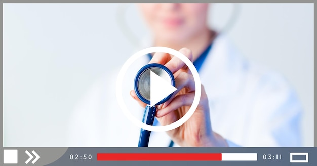Composition of female doctor holding stethoscope on video playback interface screen