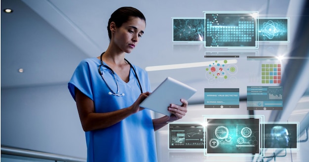 Photo composition of female doctor using tablet and screens with medical data processing