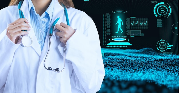 Photo composition of female doctor over virtual screen with medical icons on black background