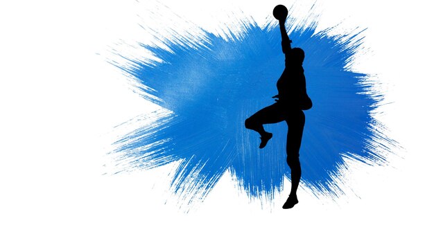 Photo composition of female handball player on white background with blue splash