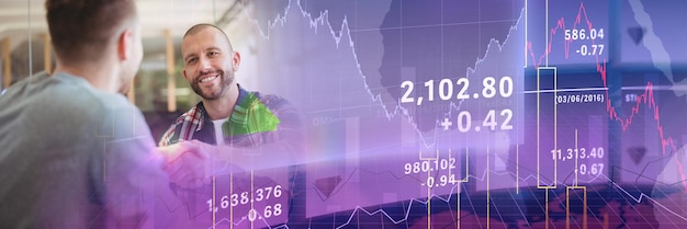 Composition of financial data processing over men shaking hands