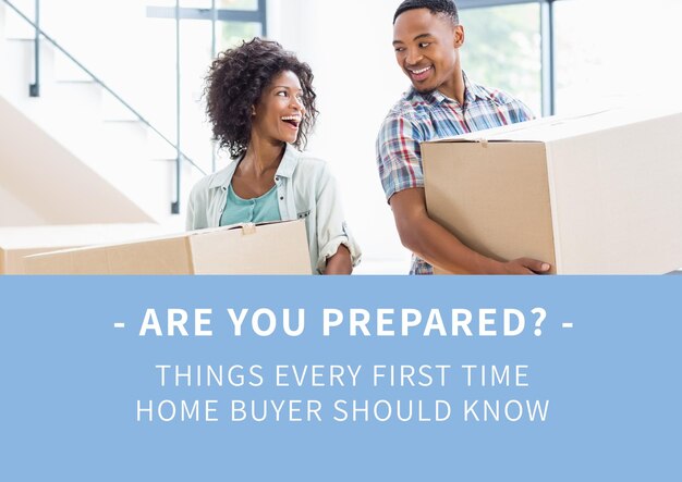 Photo composition of first time home buyer text in white, with happy couple holding boxes, on blue