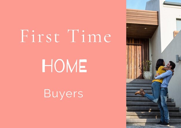 Photo composition of first time house buyers text in white, with happy couple outside house, on pink