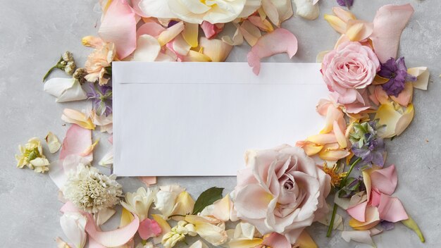 Foto composizione di fiori che decorano lo spazio vuoto bianco della copia sopra fondo grigio. lo spazio di copia può essere utilizzato per scrivere le tue idee, emozioni, ecc. concetto di festa della donna.