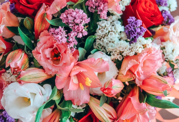 Composition of flowers eustoma roses and alstroemeria