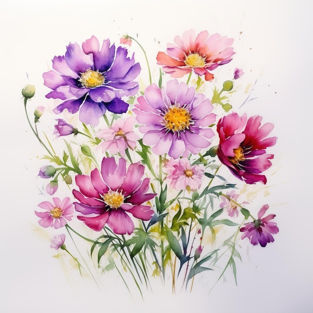 Composition of flowers painted in watercolor