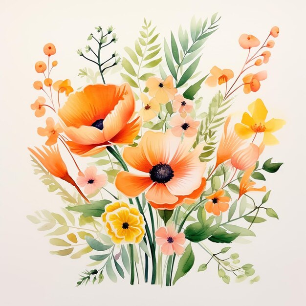 Composition of flowers painted in watercolor