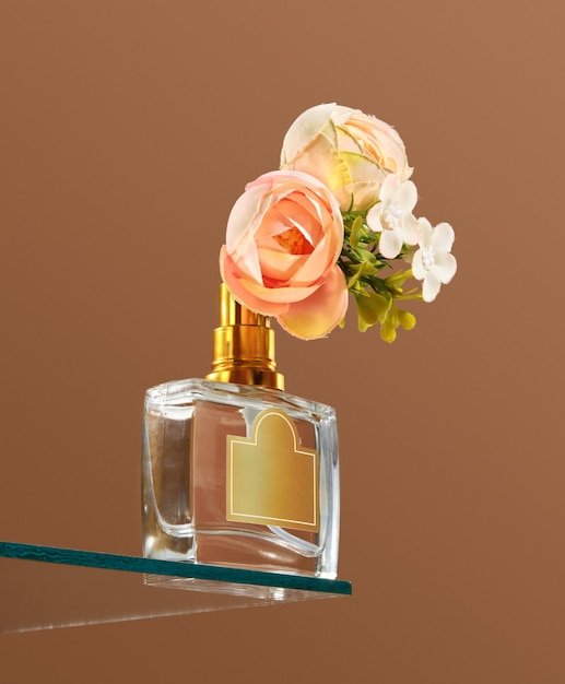 Composition of flowers and perfumes Floral attractive fragrance tenderness and elegance Exquisite perfumers work