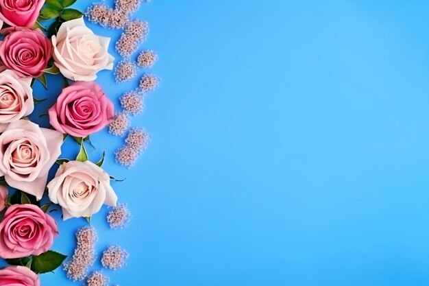 Composition of flowers roses against a blue backdrop mothers day womens day and valentines day