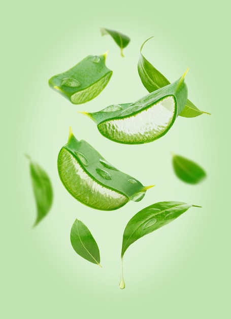 Composition of flying tea leaves and aloe vera on green background