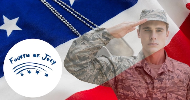 Composition of fourth of july text with saluting male soldier\
and name tag over american flag