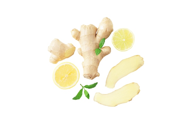 Composition of fresh ginger root, lemon and ginger pieces isolated on white background.