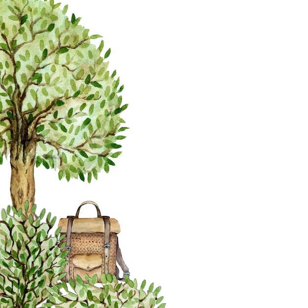 Composition from a backpack on the background of forest Watercolor illustration