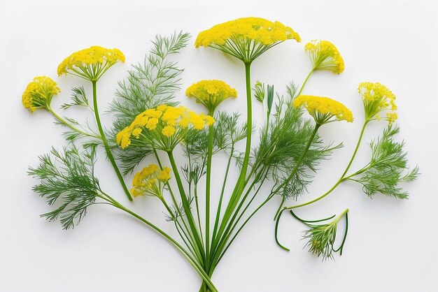 Composition from flowering umbrella flowers of dill on a white background Top view flat lay Creative layout Beautiful floral arrangement