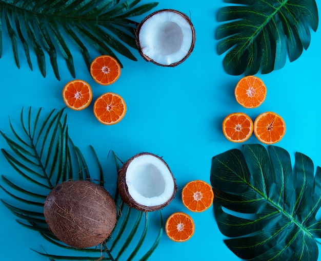 Composition from leaves of palm monstera and tangerine and coconuts on a blue background