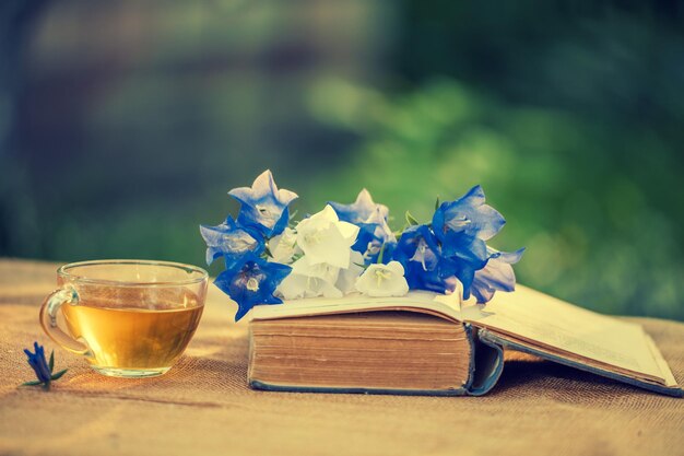 Композиция из старых потрепанных книжных цветов и чашка травяного чая в саду