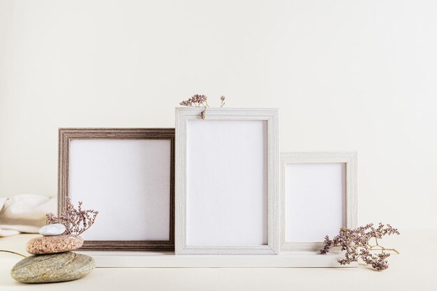 Composition from a set of photo frames dried flowers and stones on a light background