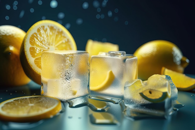 Composition of the frozen slices of lemon and ice cubes on a color background AI generated