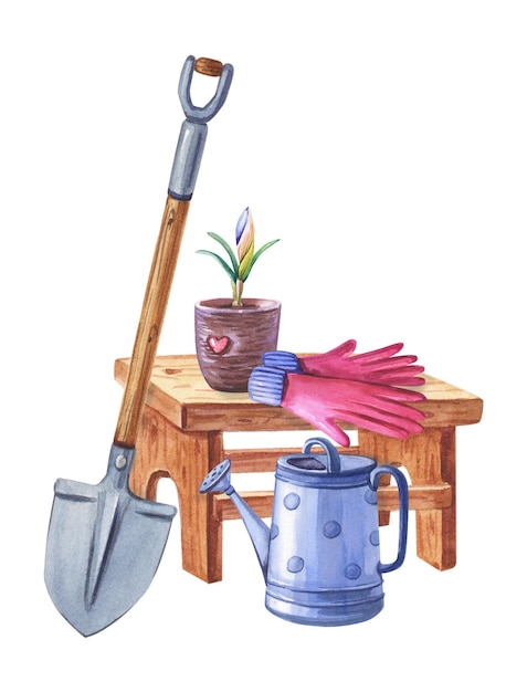 Photo composition of garden tools watercolor illustration with watering can shovel stool for the dacha