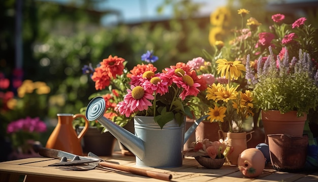 Foto composizione di attrezzi da giardinaggio e fiori