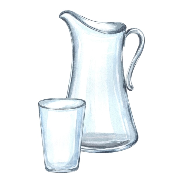 Foto composizione di una brocca di vetro con illustrazione disegnata a mano in acquerello di vetro su un bianco