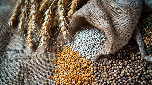 A composition of grains cereals and ears of wheat laid out in bags