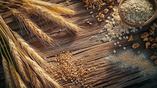 A composition of grains cereals and ears of wheat laid out on a surface