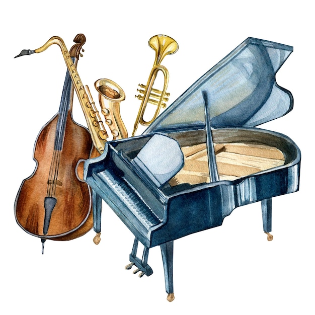 Composition of grand piano saxophone contrabass musical instruments watercolor illustration isolated