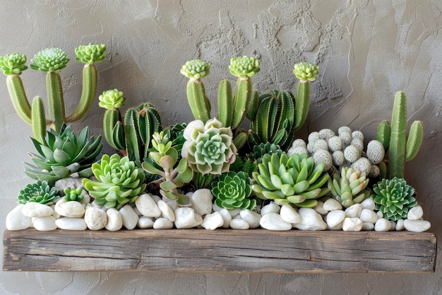 A composition of green cacti and white stones arranged in a terrarium on a wooden shelf