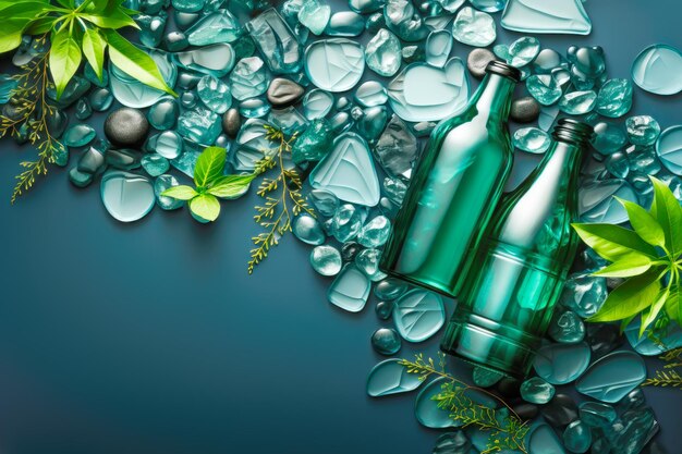 Photo composition of green glass pieces and bottles amidst smooth pebbles and fresh leaves