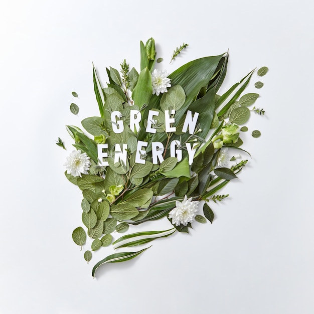 Composition of green leaves, white flowers and a tulip with the inscription green energy on a gray background with copy space. The concept of conservation of the environment. Flat lay