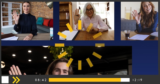 composition of group of businesspeople having video call on video playback interface screen