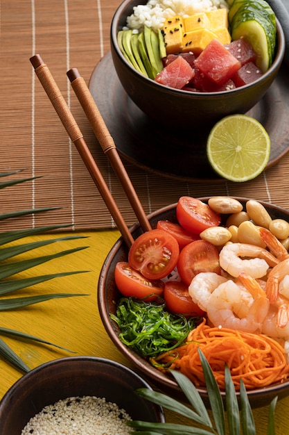 Composition of hawaiian poke bowl