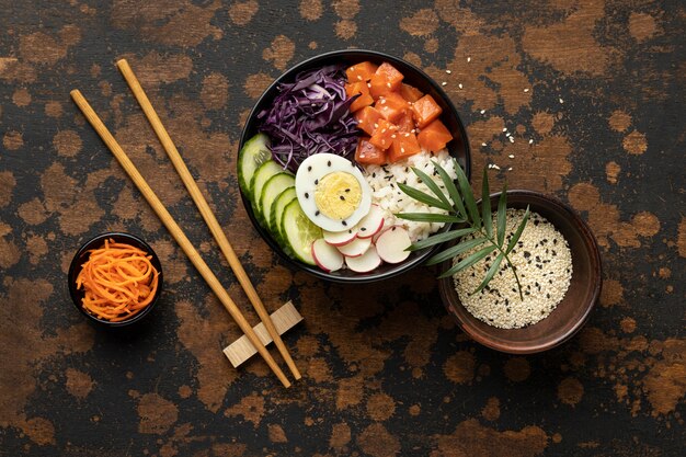 Photo composition of hawaiian poke bowl