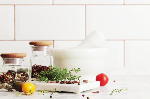 Composition of herbs and spices on the kitchen table