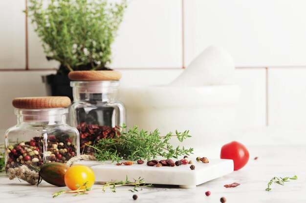 Composition of herbs and spices on the kitchen table